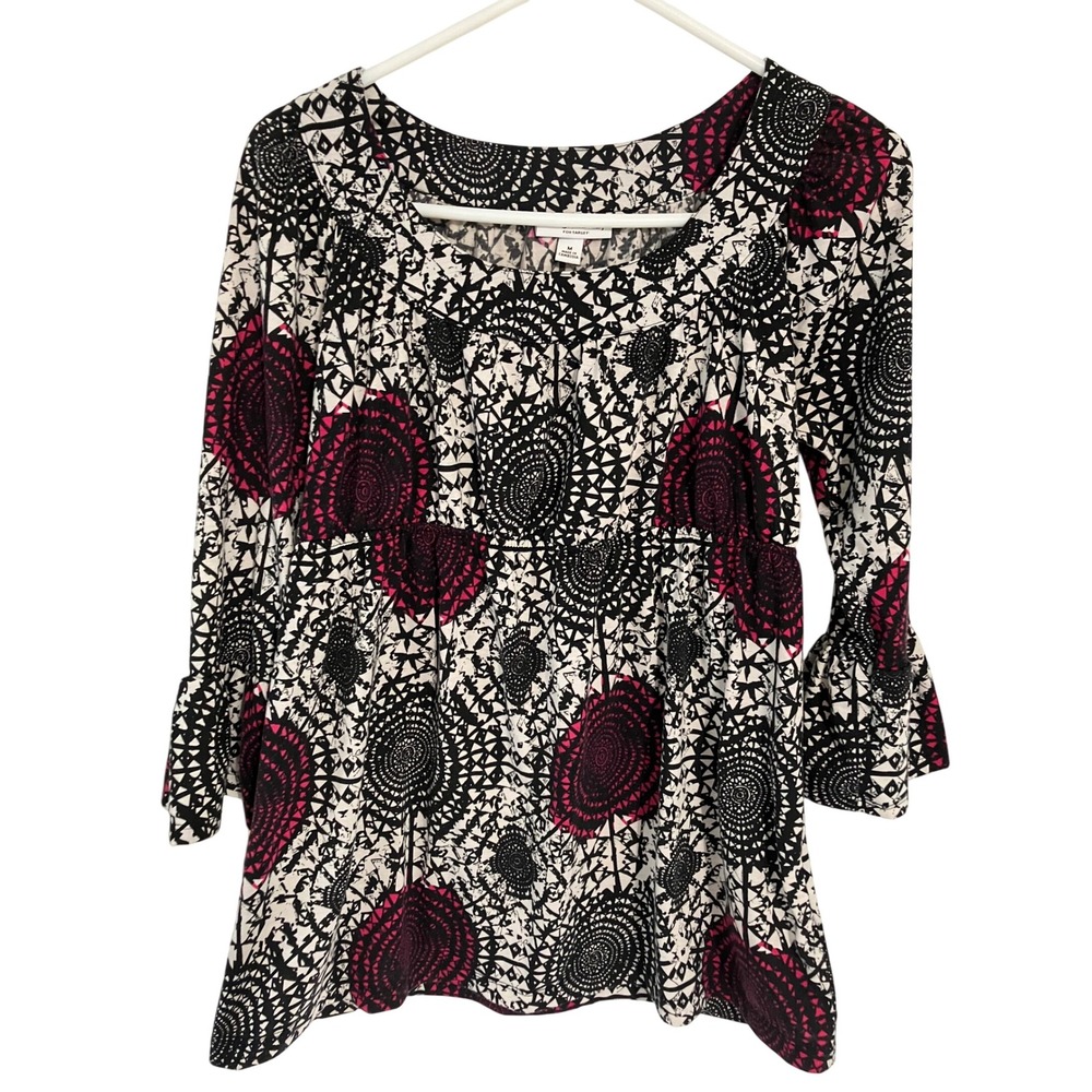 Liz Lange Maternity Top M Black White Print 3/4 Bell Sleeve Blouse Bohemian